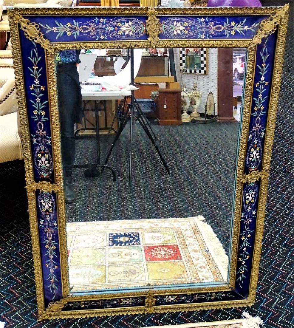 FRENCH ENAMELED GLASS & GILT BRONZE WALL MIRROR (1 of 3)