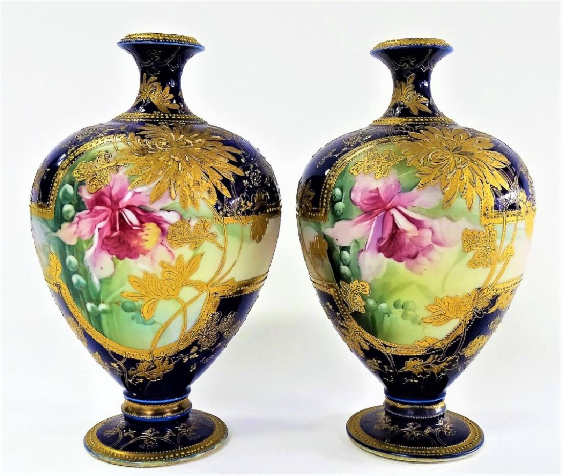 PR VTG H/P NIPPON COBALT PORCELAIN FOOTED VASES (1 of 2)