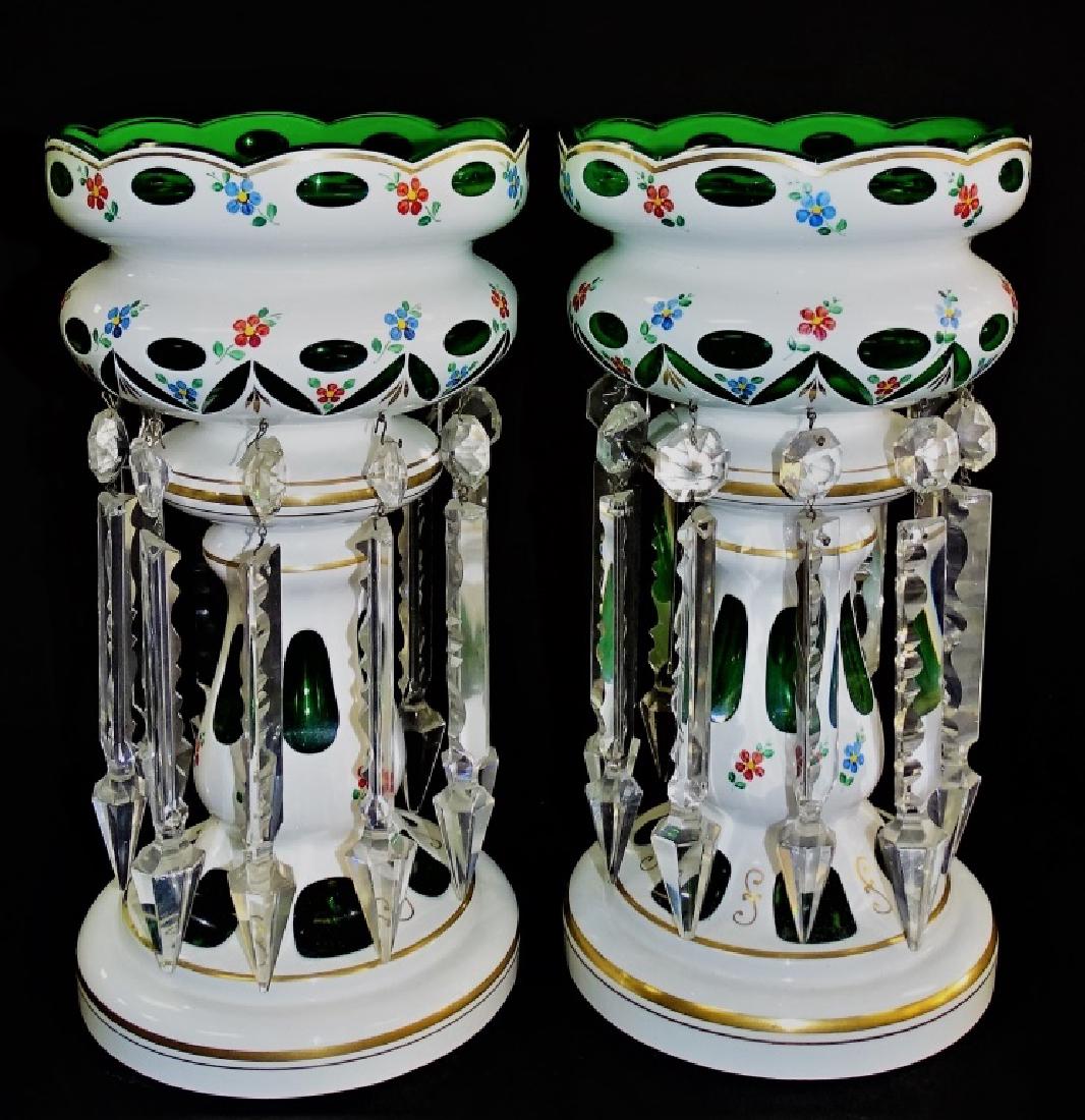 PR OF ANTIQUE BOHEMIAN GREEN CUT TO CLEAR LUSTRES (1 of 4)