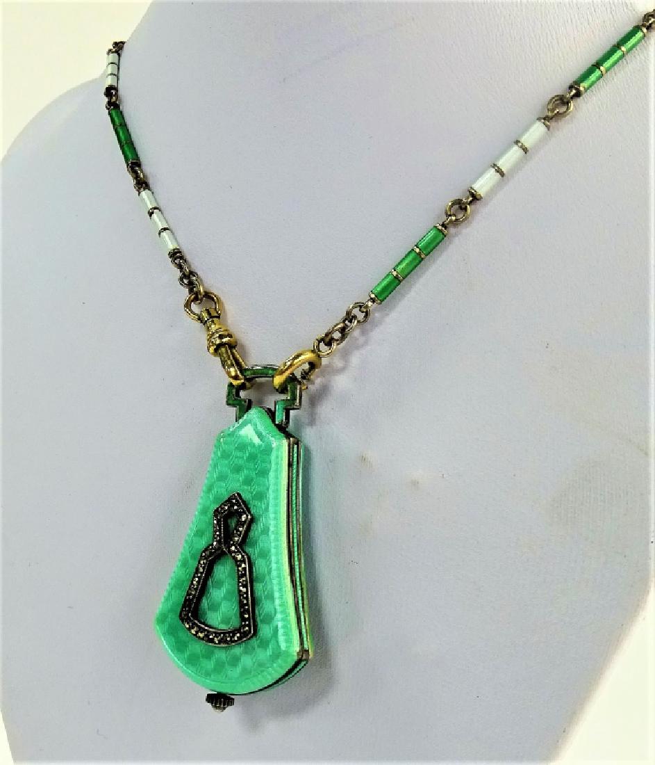 BUCHERER GUILOCHE AND STERLING MINIATURE WATCH: Necklace is also guilloche and measures 17" long, , rare find from the early 20th century, shipping $20 plus ins u.s.