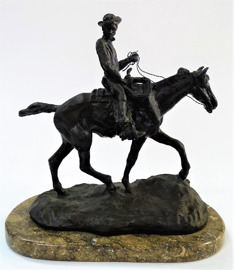 CHARLES RUSSELL "COWBOY ON HORSEBACK" BRONZE: Charles Russell is a well known listed artist known for Indian-frontier genre paintings and sculpture. Signed to base. From a Palm Beach Estate. Measures 10" Long x 10-1/2" + 3/4" Tall marble base. We