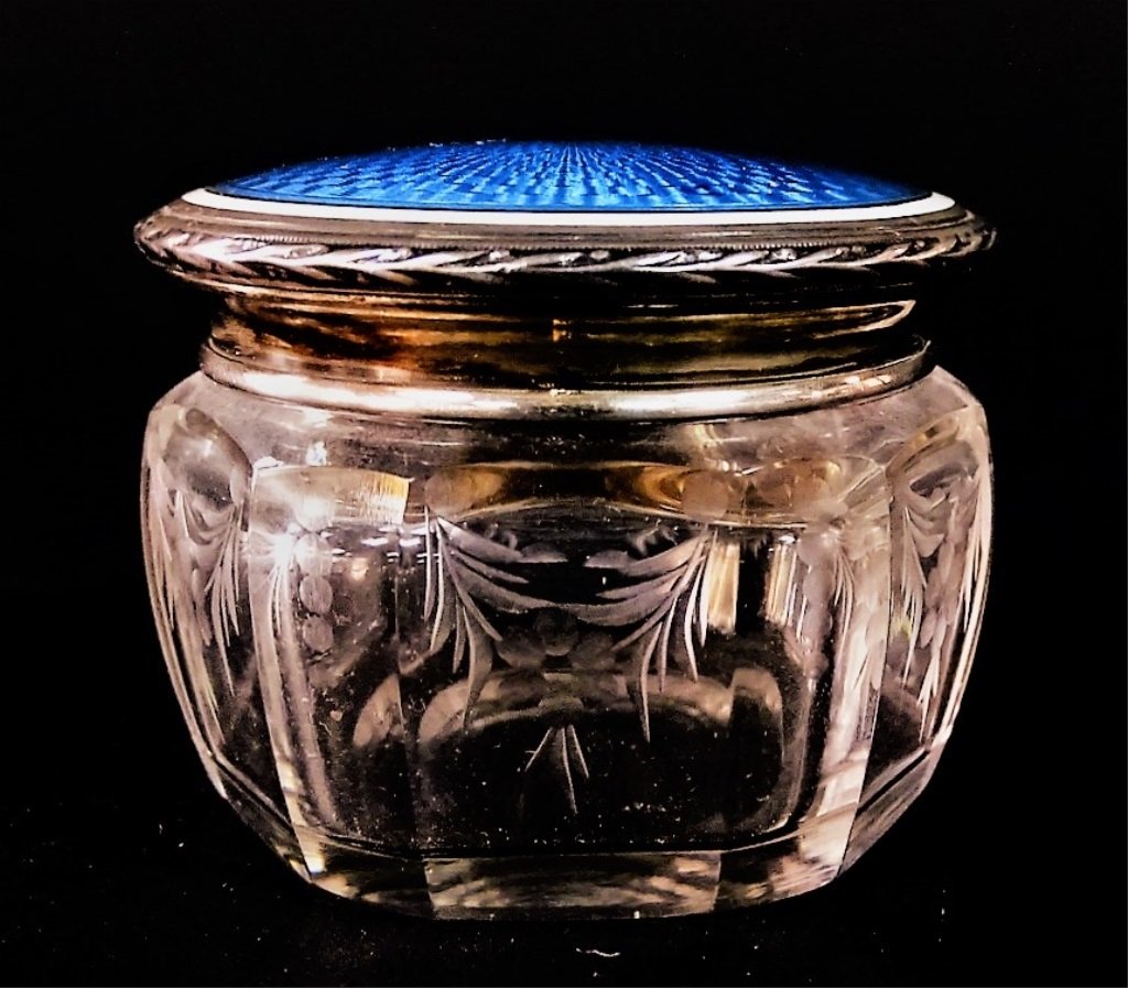ANTIQUE GUILLOCHE & ETCHED STERLING ROUGE JAR: Beautifully designed with etched floral work around the crystal jar. Also to feature a lovely blue guilloche sterling silver lid. Monogrammed inside & marked "STERLING" to inner rim. From a Palm Beach
