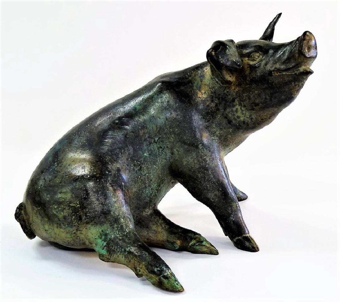 VINTAGE PATINATED BRONZE SCULPTURE OF A HAPPY PIG (1 of 3)
