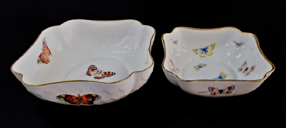 PR L. BERNARDAUD LIMOGES SHAPED PORCELAIN BOWLS: Pair of square shaped porcelain serving bowls by L. Bernardaud, Limoges, France. One having a scalloped relief surface and the other with a smooth surface. Both decorated with a transfer printed Butte