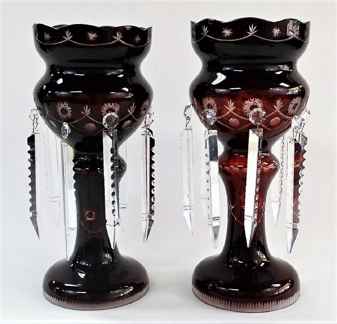 PAIR OF BOHEMIAN RED LUSTRES WITH PRISMS (1 of 3)