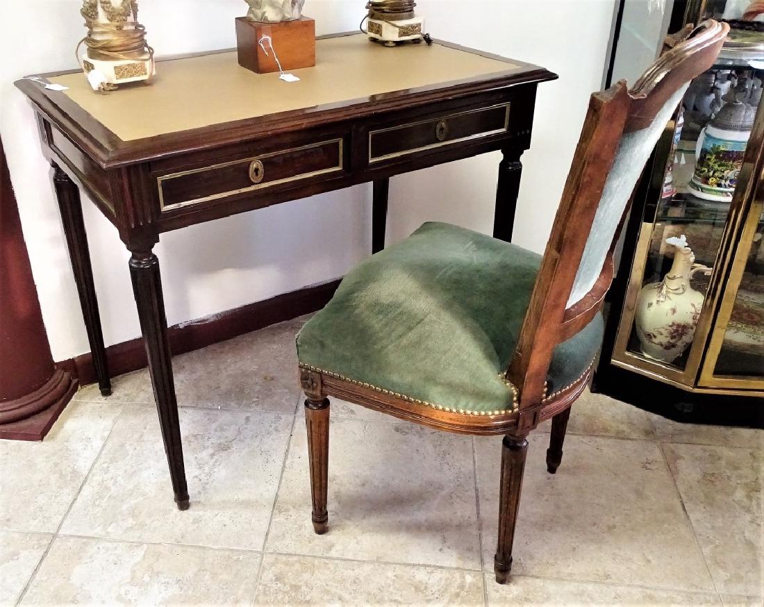 LOUIS Vl DESK WITH APPROPRIATE MATCHING CHAIR: Stands 31" tall, and 35" wide, has a beige leather insert to the top is in fine condition, few small scuffs, chair has been reupholstered in the mid 20th century. we will not ship can refer local ship