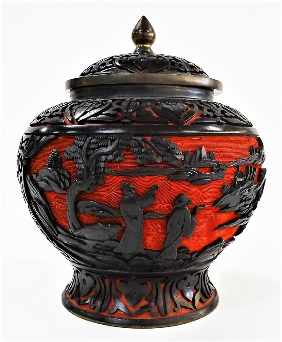 CHINESE CARVED BLACK/RED LACQUER VASE (1 of 3)