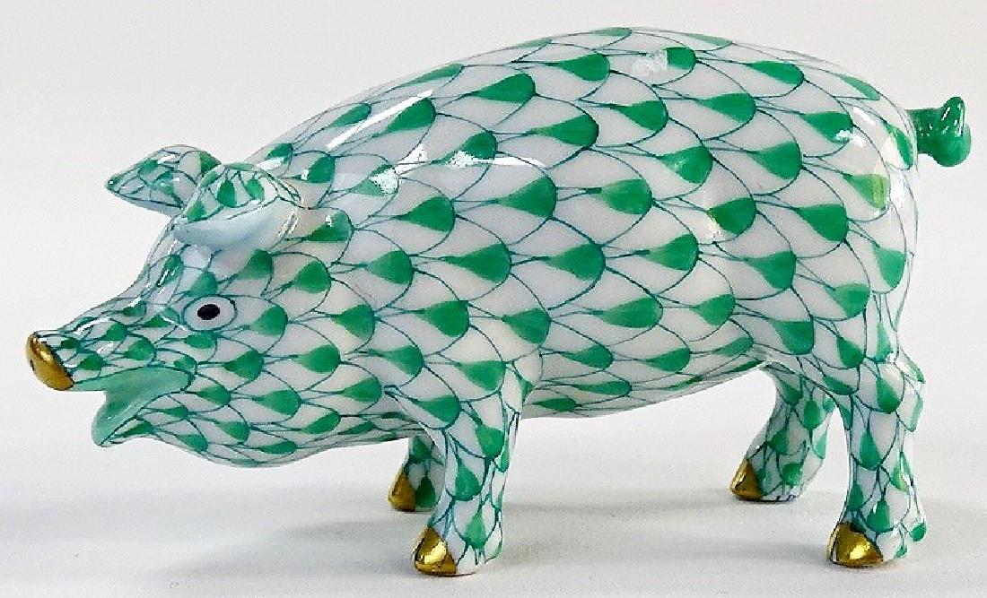 HEREND HAND PAINTED PORCELAIN GREEN FISHNET PIG (1 of 3)