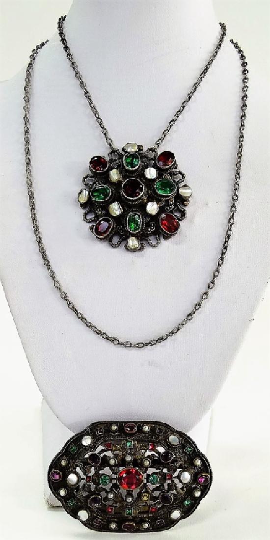 ANTIQUE AUSTRIAN-HUNGARY COSTUME SUITE: Colorful stones, 2 1/2" brooch, along with 1 1/2" pendant with chain. dates to the early 20th century total weight of the ring is 53.2 grams, shipping u.s. to be $20 plus ins