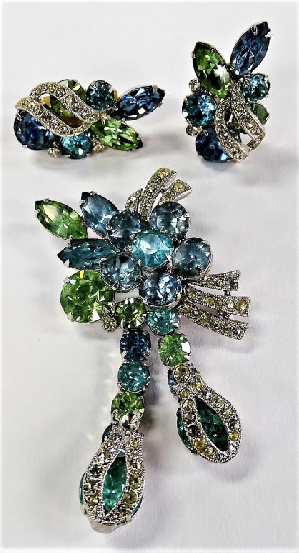 RARE EISENBERG COSTUME VINTAGE SUITE: large multi colored rhinestone 2 1/2" pin, along with matching earrings. shipping $20 plus ins u.s