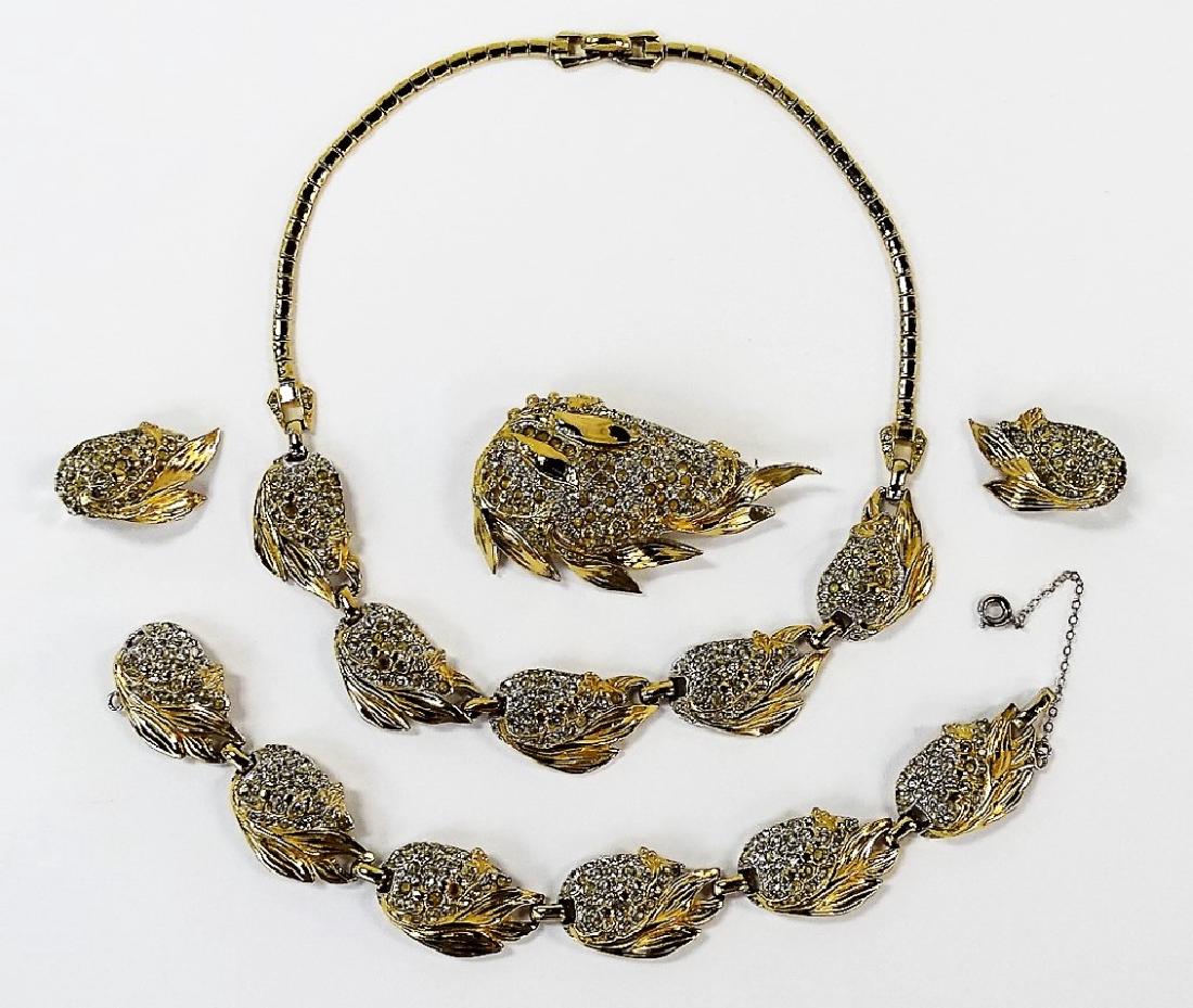 REJA SIGNED VINTAGE COSTUME SUITE: 12" necklace,7" bracelet pin, and earrings all gold tone with marcasite.