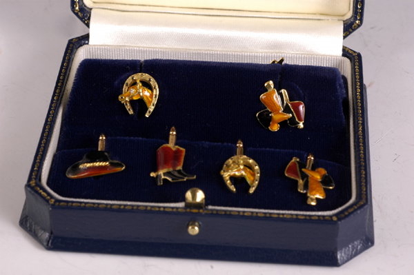 18k Gold Enamel Cowboy Cufflinks and Stud Set