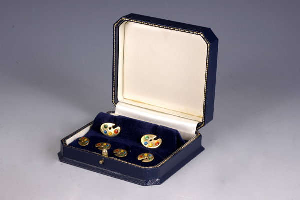 18k Gold Enamel Painter Artist Cufflinks Stud Set