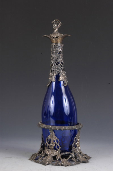 Large Cobalt Decanter & Silver Plated Stand