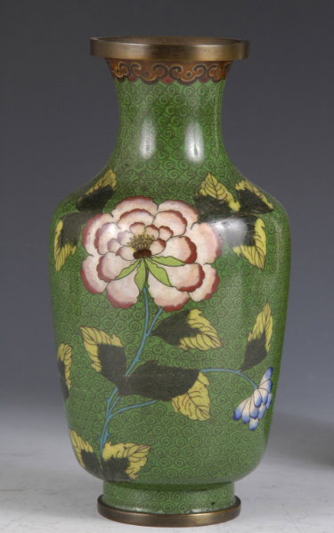 Pair of Green Chinese Cloissone Vases