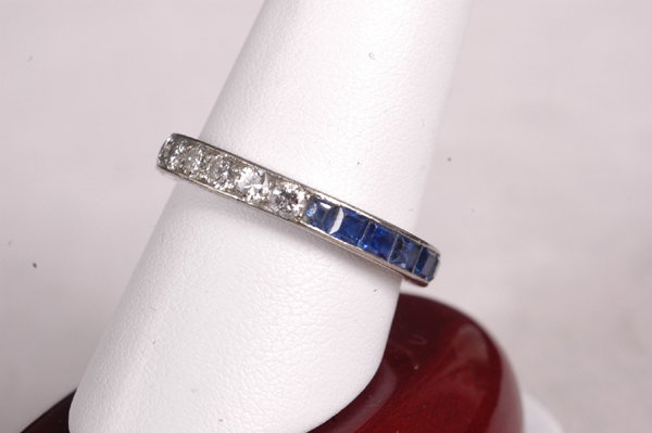 Art Deco Platinum Diamond Sapphire Band Ring Sz 9