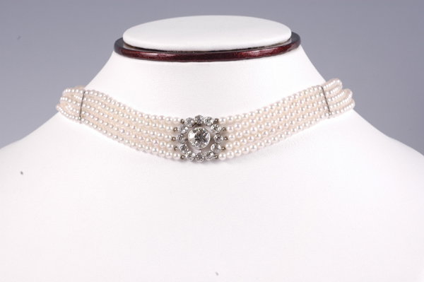 Antique Platinum Diamond Pearl Chocker Necklace