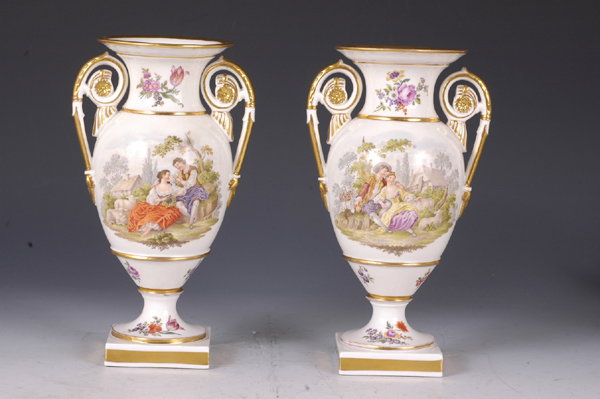 PAIR OF HAND PAINTED MEISSEN VASES WATTEAU SCENES