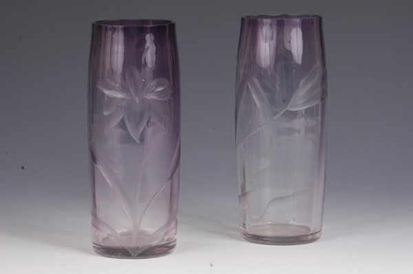 A PAIR OF MOSER ENGRAVED AMETHYST CRYSTAL VASES