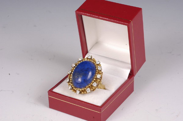 Large 18kt Gold Lapis Ring with Diamonds - 1950s