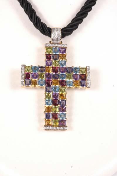 14kt Gold Cross Pendant w/ Diamonds and Gems