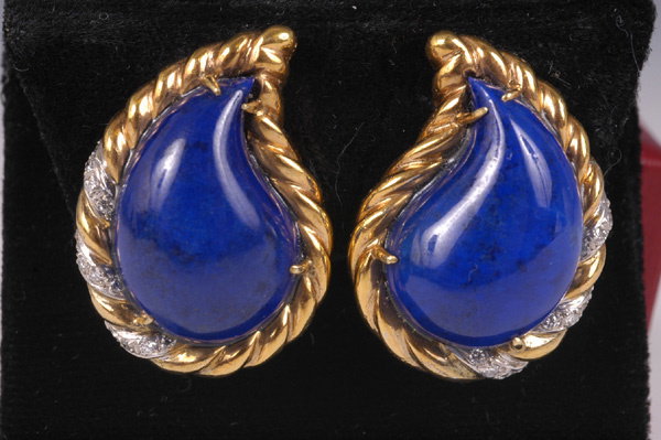 18 kt Gold Lapis Lazuli Earrings w/ Diamonds- 50s