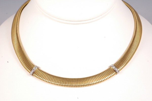 40s 14kt Gold Omega Snake Necklace w/ Diamonds