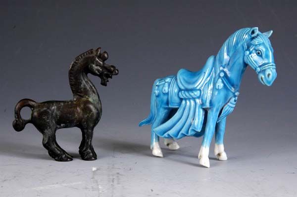 Celeste Blue Glass Horse w/ Bronze Horse