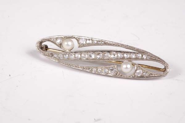 1920s Platinum Rose Diamond Pin with Pearls