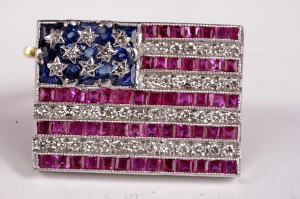 18kt Gold American Flag Pin with Assorted Stones