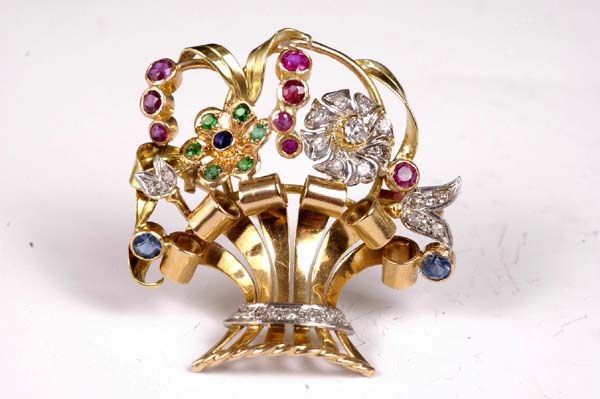 18kt Gold Diamonds Rubies and Emerald Basket Pin