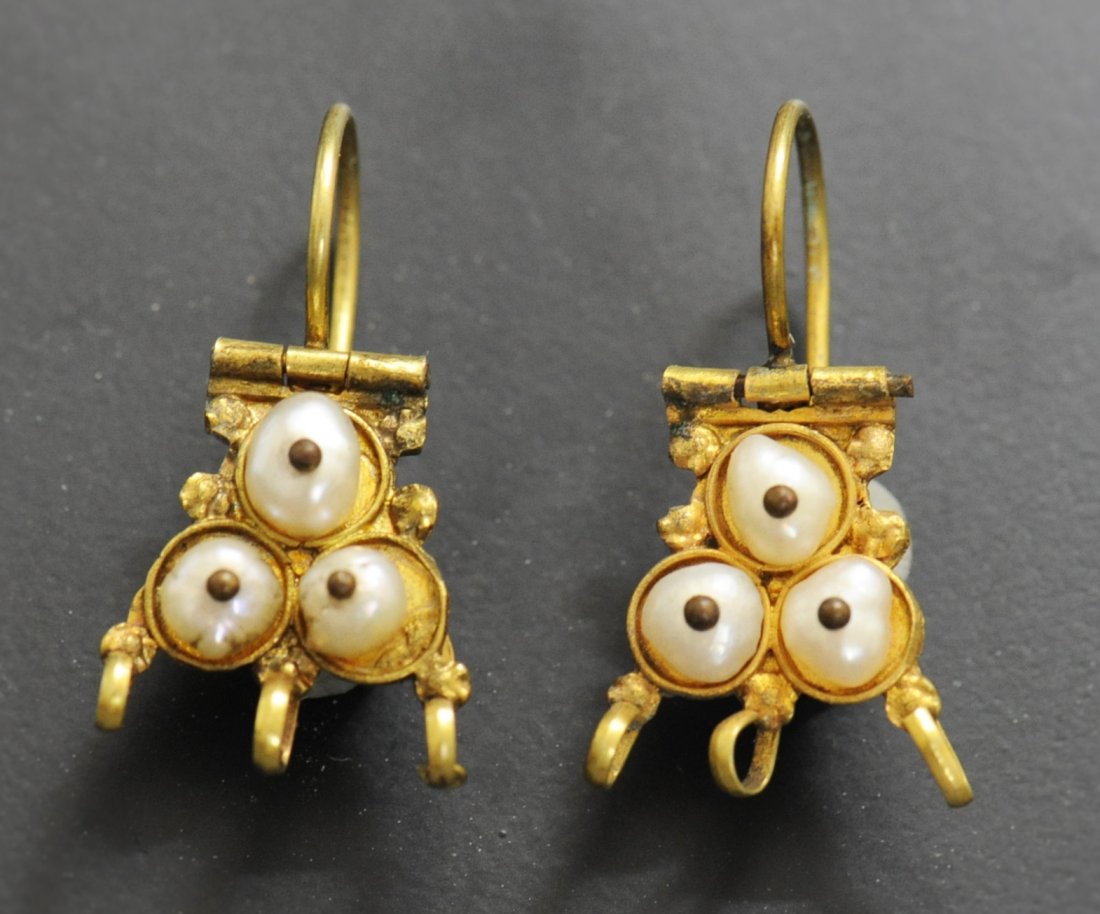 Aphrodite Gallery - Pair of Byzantine Earrings: Late Byzantine, ca. 14th - 15th Century A.D. Made of gold and pearls. Dimensions: 1 1/8 inch L. (2.8 cm.) Provenance: Ex- New Yorkk private collection, 1990's. Detailed Condition Report: Intact. Every