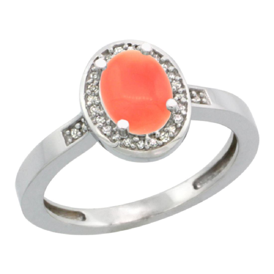 Natural 0.83 ctw Coral & Diamond Engagement Ring 10K: REF-24F8N ---- SKU:SC-CW945150 ---- Manufacturer's Suggested Retail Price - $800.00 ---- Natural 0.83 ctw Coral & Diamond Engagement Ring 10K White GoldGemstone: Natural Oval-shape Coral @ 0.75 ctwDia