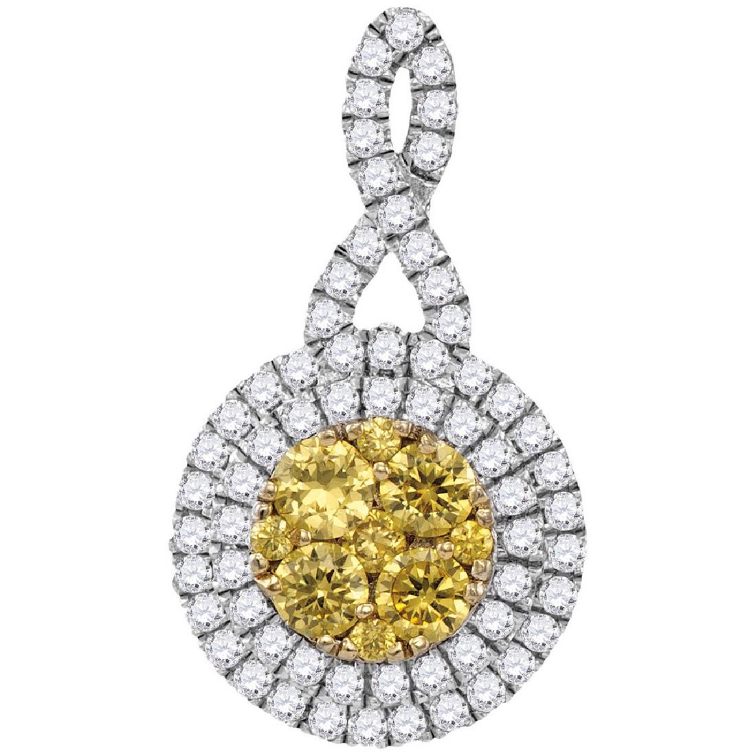 0.95 CTW Yellow Diamond Circle Cluster Pendant 14KT: REF-104X9Y- SKU: GD109491 ---- 0.95 CTW Yellow Diamond Circle Cluster Pendant 14KT White Gold Manufacturer's Suggested Retail Price: $4120.00 Mainstone Type: Natural Diamond Yellow @ 0.53ct Mainstone 