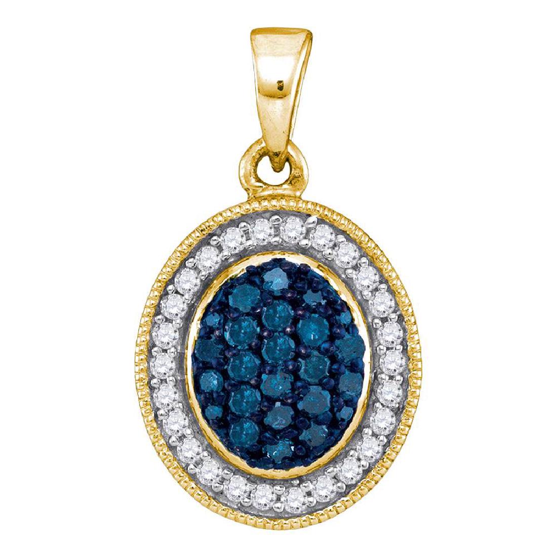 0.35 CTW Blue Color Diamond Oval Cluster Pendant 10KT: REF-19F4N- SKU: GD89107 ---- 0.35 CTW Blue Color Diamond Oval Cluster Pendant 10KT Yellow Gold Manufacturer's Suggested Retail Price: $760.00 Mainstone Type: Colored Blue Diamond @ 0.19ct Mainstone Co