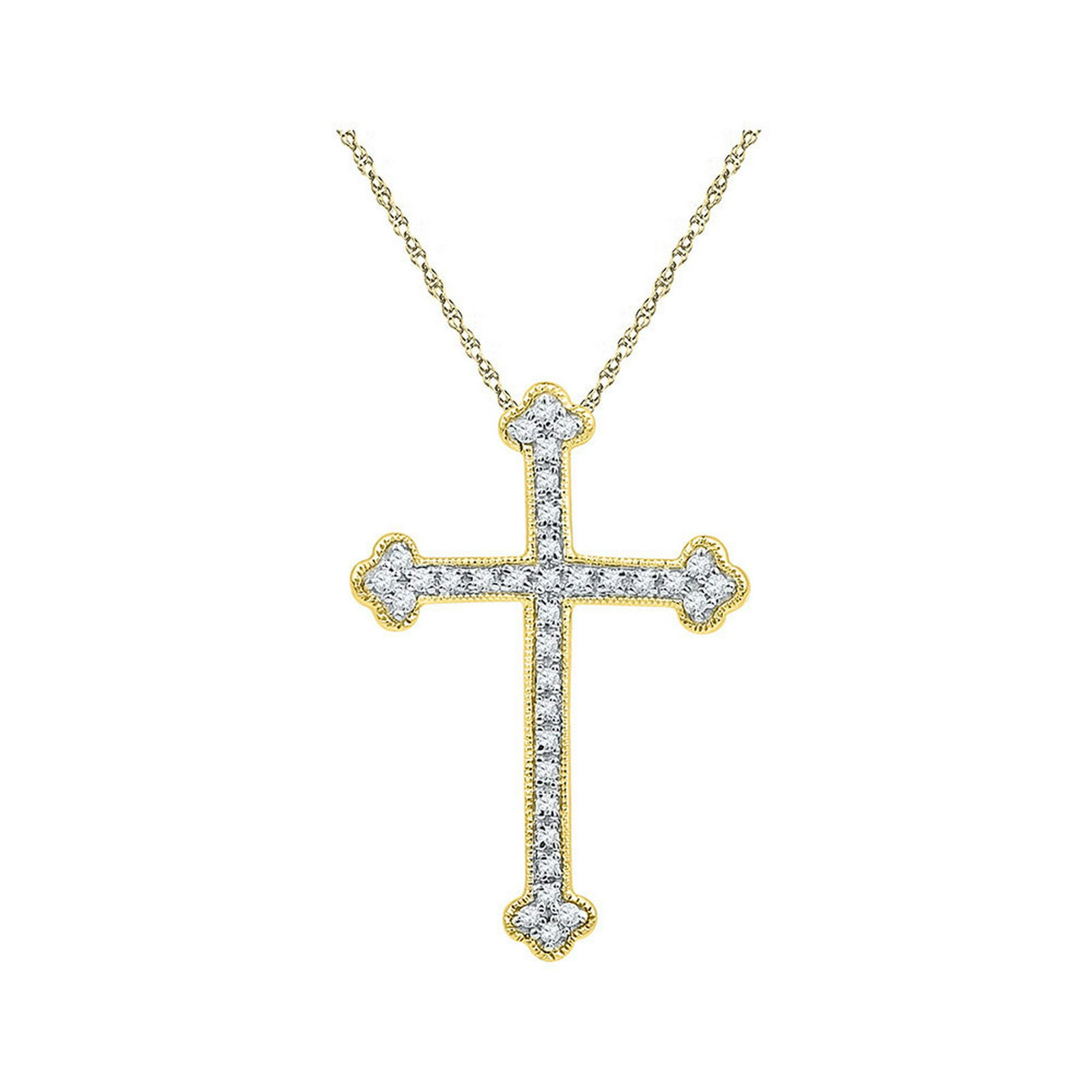 0.20 CTW Diamond Gothic Cross Pendant 10KT Yellow Gold: REF-16F4N- SKU: GD97323 ---- 0.20 CTW Diamond Gothic Cross Pendant 10KT Yellow Gold Manufacturer's Suggested Retail Price: $650.00 Mainstone Type: Diamond @ 0.20ct Mainstone Color: J-K Mainstone Clari