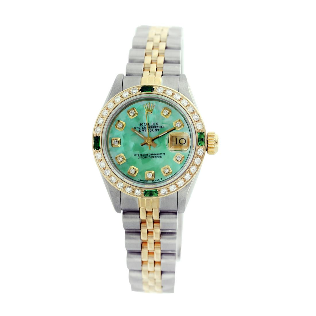 Rolex Pre-owned 26mm Womens Custom Green MOP Two Tone -: REF-530K4X - SKU: LA001LT012 Estimated Pre-Owned Retail Price: $10000 Condition: Pre-owned / Excellent Condition Model: Rolex DateJust Gender: Womens Dial: Custom Green MOP Dial Marker: 10 Genuine Dia