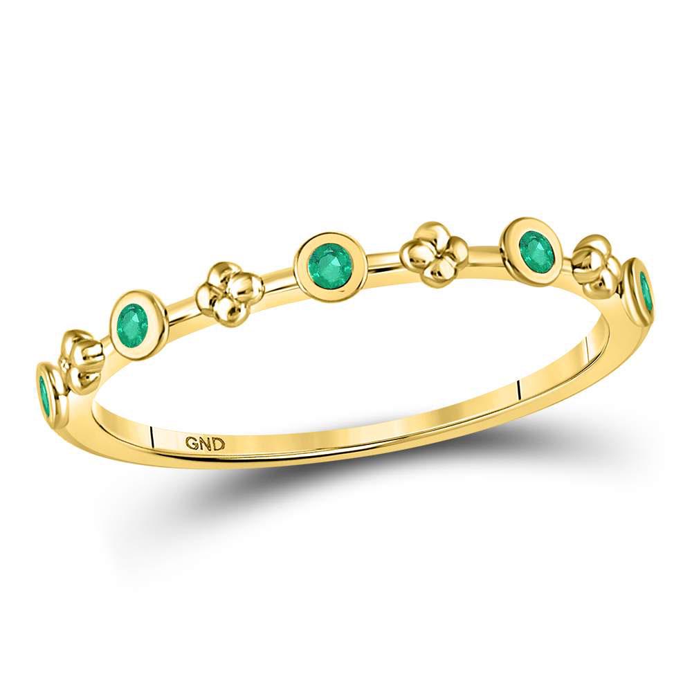 Round Emerald Dot Flower Stackable Band Ring 1/12 Cttw: REF-6X4Y - SKU: GD128010 ---- Round Emerald Dot Flower Stackable Band Ring 1/12 Cttw 10kt Yellow Gold Gemstone Details 1/12 Carats total weight Round Natural Emerald<