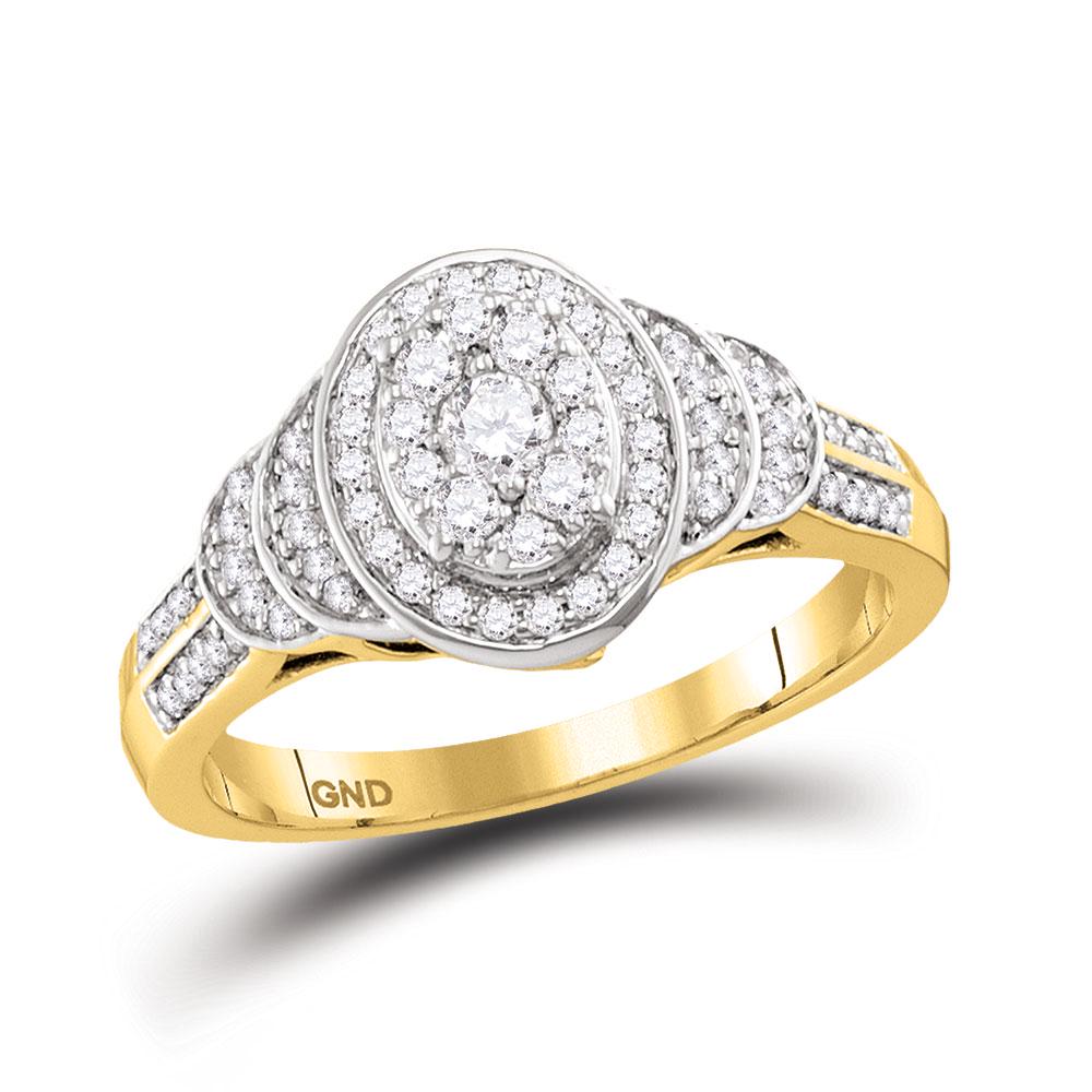 Diamond Solitaire Oval Cluster Ring 1/2 Cttw 10kt: REF-54W5H - SKU: GD116097 ---- Diamond Solitaire Oval Cluster Ring 1/2 Cttw 10kt Yellow Gold Gemstone Details 1/2 Carats total weight --- 1/10 carat center solitaire All diamonds are na