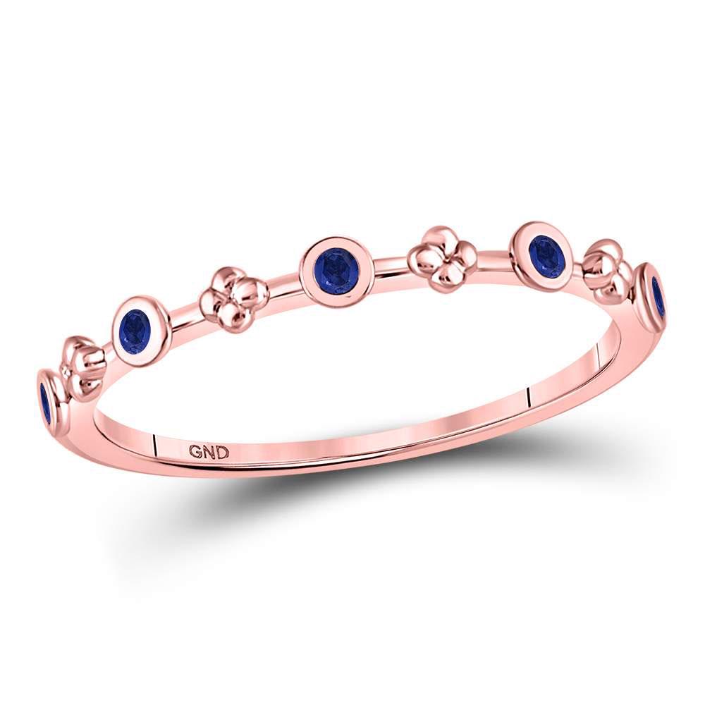 Round Blue Sapphire Dot Flower Stackable Band Ring 1/12: REF-6F4N - SKU: GD128008 ---- Round Blue Sapphire Dot Flower Stackable Band Ring 1/12 Cttw 10kt Rose Gold Gemstone Details 1/12 Carats total weight Round Natural Blue Sap
