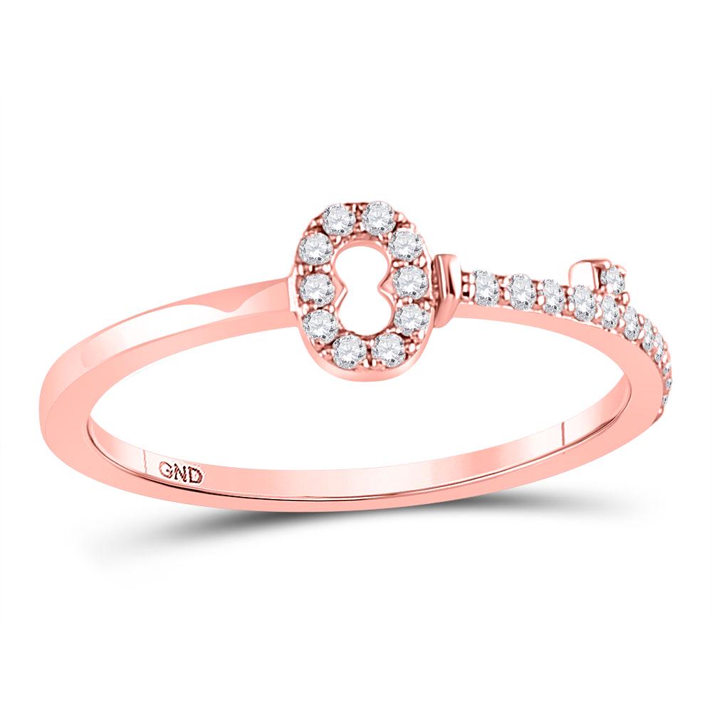 Diamond Key Stackable Band Ring 1/8 Cttw 10kt Rose Gold: REF-14Y5X - SKU: GD127717 ---- Diamond Key Stackable Band Ring 1/8 Cttw 10kt Rose Gold Gemstone Details 1/8 Carats total weight All diamonds are natural and conflict-free in origin