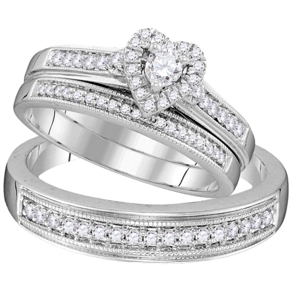 His & Hers Diamond Heart Matching Bridal Wedding Ring: REF-60R9K - SKU: GD109978 ---- His & Hers Diamond Heart Matching Bridal Wedding Ring Band Set 1/2 Cttw 10kt White Gold Gemstone Details 1/2 Carats total weight --- 1/10 carat center solitaire