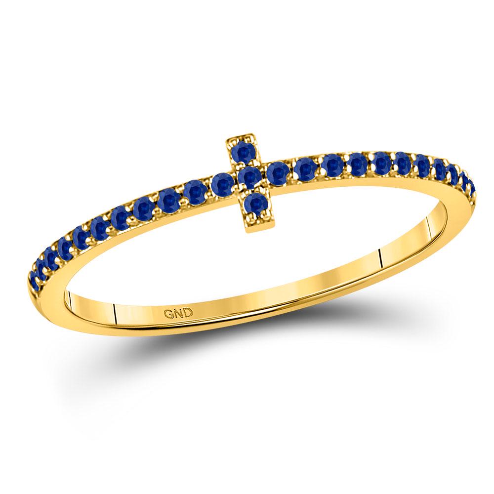 Round Blue Sapphire Cross Stackable Band Ring 1/6 Cttw: REF-11M8X - SKU: GD127721 ---- Round Blue Sapphire Cross Stackable Band Ring 1/6 Cttw 10kt Yellow Gold Gemstone Details 1/6 Carats total weight Round Natural Blue Sapphir