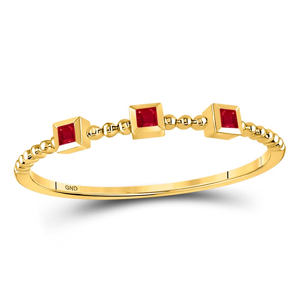 1/20 CTW Princess Ruby 3-Stone Beaded Stackable Ring: REF-5W9F ---- 1/20 CTW Princess Ruby 3-Stone Beaded Stackable Ring 10kt Yellow Gold Manufacturer Model: JSC-128052 Description 10kt Yellow Gold