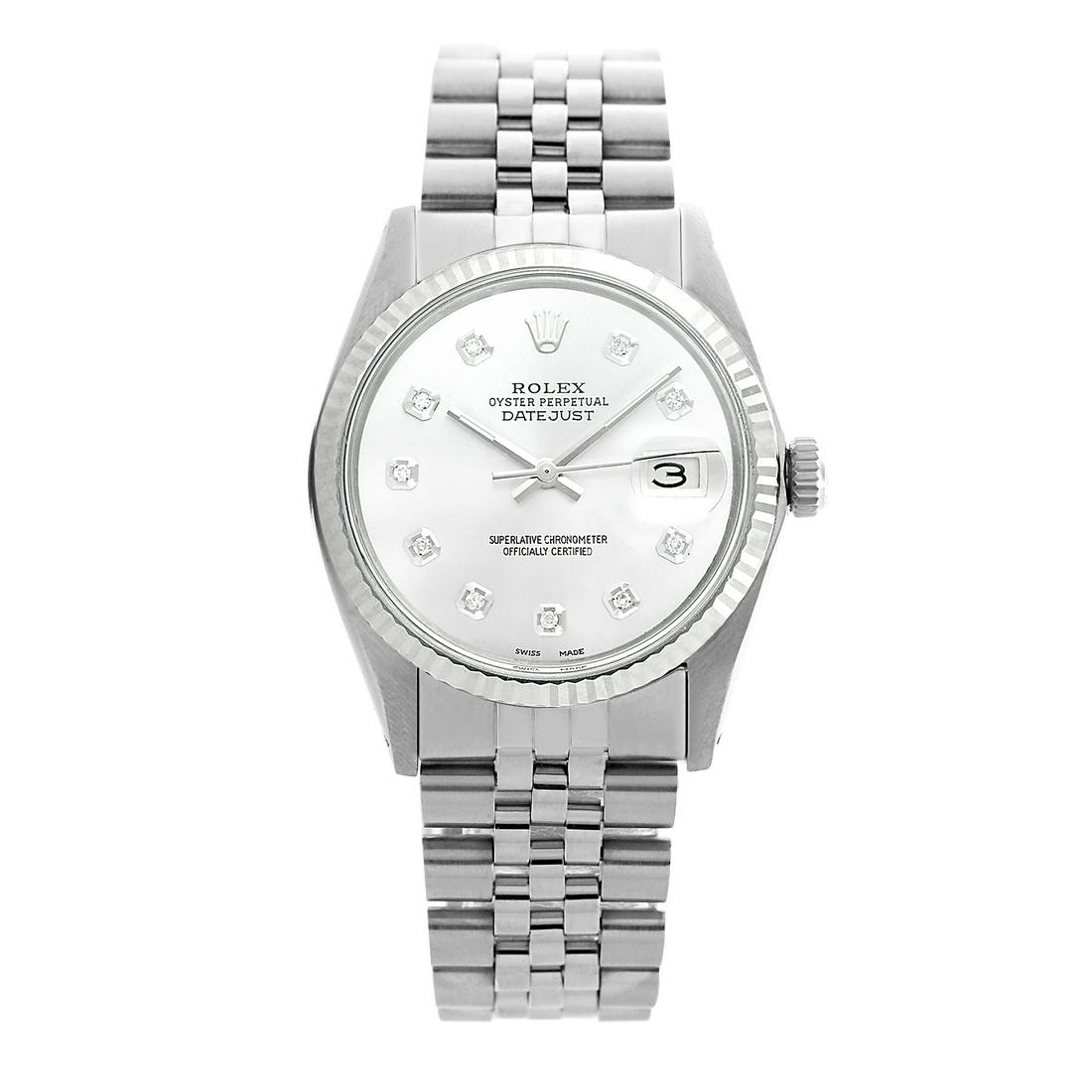 Rolex Pre-owned 36mm Mens Silver Dial Stainless Steel -: REF-450Y4W - SKU: LA002MSS015Estimated Pre-Owned Retail Price: $8500 Condition: Pre-owned / Excellent Condition Model: Rolex DateJust Gender: Mens Dial: Silver Dial Dial Marker: 10 Genuine Diamonds Di