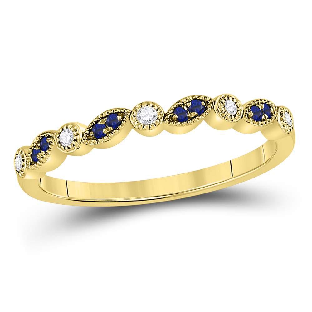 1/10 CTW Round Blue Sapphire Diamond Stackable Ring: REF-14W4F ---- 1/10 CTW Round Blue Sapphire Diamond Stackable Ring 10kt Yellow Gold Manufacturer Model: JSC-120952 Description 10kt Yellow Gold