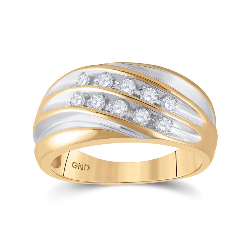 1/2 CTW Mens Round Diamond Wedding Ring 10kt Yellow: REF-35N9Y ---- 1/2 CTW Mens Round Diamond Wedding Ring 10kt Yellow Gold Manufacturer Model: JSC-10888 Description 10kt Yellow Two-tone Gold Mens
