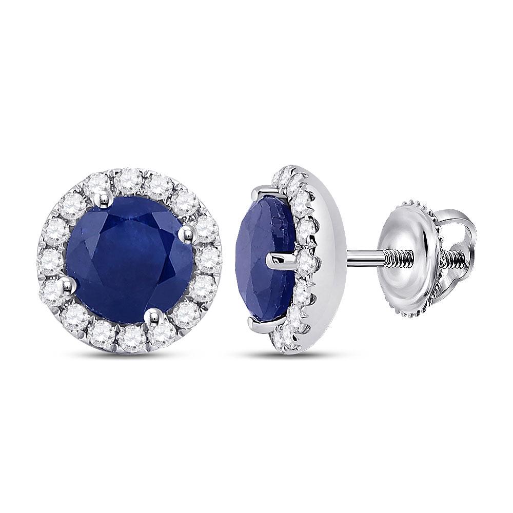 Womens Round Blue Sapphire Diamond Halo Earrings 1-1/5: REF-32N5F ---- Womens Round Blue Sapphire Diamond Halo Earrings 1-1/5 Cttw 14kt White Gold Description 14kt White Gold Womens Round Blue Sapphire Diamond H