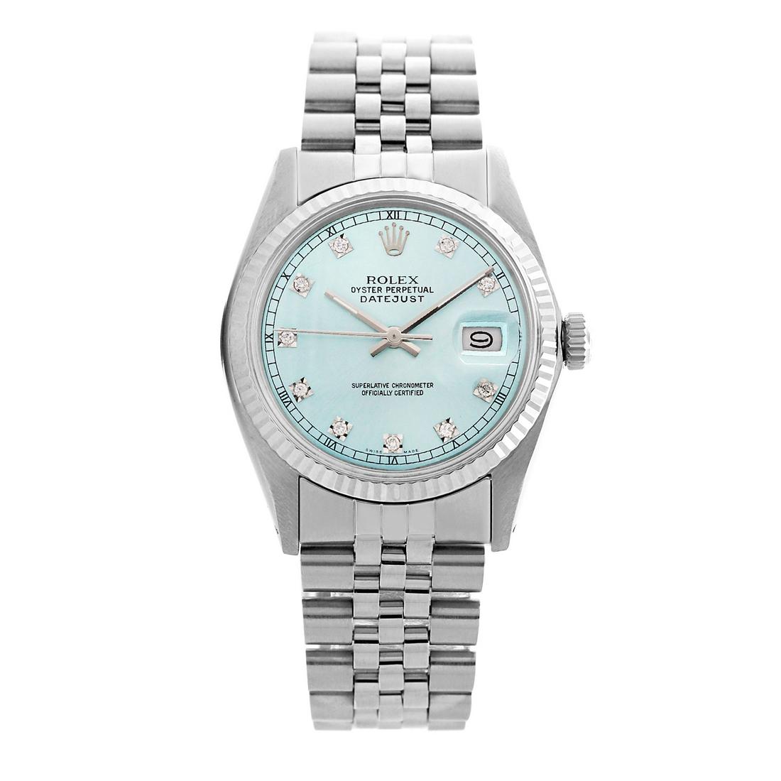 Rolex Pre-owned 36mm Mens Ligjt Blue Stainless Steel -: REF-450X4K - SKU: LA002MSS024Estimated Pre-Owned Retail Price: $8500 Condition: Pre-owned / Excellent Condition Model: Rolex DateJust Gender: Mens Dial: Ligjt Blue Dial Marker: 10 Genuine Diamonds - O