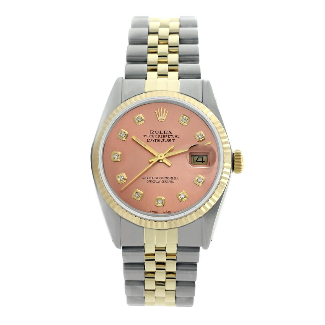 Rolex Pre-owned 36mm Mens Salmon Two Tone - REF-490R4M: REF-490R4M - SKU: LA001MT008Estimated Pre-Owned Retail Price: $9300 Condition: Pre-owned / Excellent Condition Model: Rolex DateJust Gender: Mens Dial: Salmon Dial Marker: 10 Genuine Diamonds Diamond